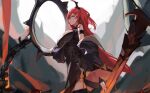 1girl absurdres arknights breasts collar demon_girl demon_horns dress highres horns huge_filesize kneehighs long_hair looking_at_viewer purple_eyes red_hair roupo99 solo spiked_collar spikes surtr_(arknights) sword weapon 