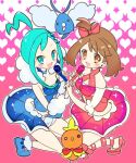  2girls blue_eyes blue_hair blush breasts brown_hair choker chorimokki dress earrings gen_2_pokemon gen_3_pokemon hair_ornament jewelry lisia_(pokemon) long_hair may_(pokemon) midriff multiple_girls open_mouth pokemon pokemon_(creature) pokemon_(game) pokemon_oras smile starter_pokemon swablu torchic 