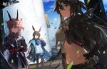  3girls abs amiya_(arknights) animal_ears arknights bag bangs belt black_gloves black_hair black_legwear blouse blue_eyes blue_sky bow bowtie breasts bunny_ears cloak cloud crossed_arms earthspirit_(arknights) elbow_gloves fingerless_gloves gloves goat_ears goat_girl goat_horns hair_between_eyes highres holding holding_staff hood hooded_jacket horns horse_ears horse_girl hug_(yourhug) jacket jewelry long_hair looking_at_viewer meteor_(arknights) multiple_girls official_art open_mouth outdoors rabbit_girl ring skirt sky smile staff stairs stomach sweater thighhighs upper_body vest 