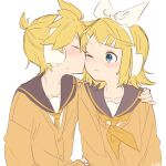  1boy 1girl bangs black_collar blonde_hair blue_eyes blush bow cheek_kiss closed_mouth collar collarbone collared_shirt commentary grey_collar hair_bow hair_ornament hairclip hand_on_another&#039;s_shoulder headphones highres kagamine_len kagamine_rin kiss m0ti neckerchief necktie orange_sweater school_uniform shirt short_hair sketch surprised sweater swept_bangs symbol_commentary twitter_username upper_body vocaloid white_background white_bow yellow_neckwear 