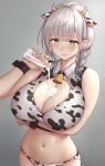  1girl animal_ears animal_print arm_under_breasts bare_shoulders bell bottle breast_hold breasts cleavage closed_mouth commentary cow_ears cow_horns cow_print cowboy_shot green_eyes grey_background highres holding holding_bottle hololive horns huge_breasts light_smile long_hair milk milk_bottle navel neck_bell pouring pouring_onto_self shirogane_noel silver_hair simple_background solo virtual_youtuber wrist_cuffs yakimi_27 