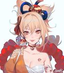  1girl :p arm_tattoo bare_shoulders blush breasts chest_tattoo choker cleavage earrings face genshin_impact hair_ornament jewelry lavelis looking_at_viewer medium_breasts orange_eyes ponytail sarashi skindentation smile solo tattoo tied_hair tongue tongue_out upper_body yoimiya_(genshin_impact) 