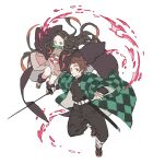  1boy 1girl bit_gag black_hair brother_and_sister brown_hair checkered closed_mouth earrings forehead gag hair_ribbon haori highres holding holding_sword holding_weapon japanese_clothes jewelry kamado_nezuko kamado_tanjirou katana kimetsu_no_yaiba kimono long_hair long_sleeves multicolored_hair obi pants papajay_(jennygin2) red_hair ribbon sash scar scar_on_face siblings sword weapon 