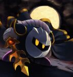  armor cape dutch_angle floating_cape full_body full_moon galaxia_(sword) gender_request gloves gold_trim highres holding holding_sword holding_weapon kirby_(series) mask meta_knight moon night no_humans pauldrons purple_footwear shadow shoulder_armor solo suyasuyabi sword weapon yellow_eyes 