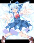  1girl ahoge bangs blue_bow blue_dress blue_eyes blue_hair bow bowtie brown_hair cirno commentary_request do_(4-rt) dress eyebrows_visible_through_hair hair_bow highres ice ice_wings legs_apart letterboxed looking_at_viewer open_mouth outstretched_arms puffy_short_sleeves puffy_sleeves red_bow red_neckwear shoes short_hair short_sleeves simple_background snowflake_background socks solo touhou white_background white_legwear wings 