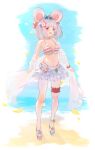  1girl :d animal_ears anklet bangs bikini bikini_skirt blunt_bangs breasts choker cleavage collarbone commentary_request fake_animal_ears fishofthelakes flower frilled_choker frilled_skirt frills front-tie_top full_body granblue_fantasy hair_flower hair_ornament heart highres jewelry leg_garter looking_at_viewer medium_hair navel okobo open_mouth red_eyes red_scrunchie sand scrunchie see-through see-through_jacket signature silver_hair skirt small_breasts smile solo standing star_(symbol) striped striped_bikini swimsuit vikala_(granblue_fantasy) white_background wrist_scrunchie 