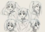  1girl :d :o commentary english_commentary greyscale hair_ornament half-closed_eyes hatsune_miku highres honeybunny-art kakifly_(style) long_hair looking_at_viewer monochrome multiple_views neckerchief open_mouth sketch smile twintails upper_body very_long_hair vocaloid worried 