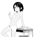  1boy androgynous blush chair clothes_removed erection greyscale hair_ornament hairclip hand_on_table highres looking_at_viewer medium_hair monochrome navel nipples nude open_mouth original penis simple_background survival_yaiba sweat table testicles v 