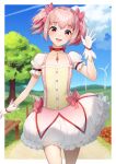  1girl :d artist_name bangs blue_sky bow breasts bubble_skirt choker collarbone commentary condensation_trail cowboy_shot day eyebrows_visible_through_hair gloves hair_bow hand_up head_tilt highres kaname_madoka looking_at_viewer magical_girl mahou_shoujo_madoka_magica open_mouth outdoors pink_bow pink_hair puffy_short_sleeves puffy_sleeves red_choker red_eyes sasoura short_hair short_sleeves short_twintails skirt sky smile solo tree twintails white_gloves 