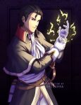  1boy absurdres adricarra artist_name belt black_hair book commission cravat electricity fire_emblem fire_emblem:_thracia_776 fire_emblem_heroes gloves highres looking_at_viewer magic reinhardt_(fire_emblem) simple_background sleeve_cuffs solo sword watermark weapon 