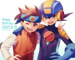  2boys :d ;d arm_around_shoulder artist_name blue_headband blue_headwear blush bodysuit brown_eyes brown_hair brown_vest commentary_request covered_collarbone dated english_text green_eyes hand_on_another&#039;s_shoulder hand_on_hip happy happy_birthday headband helmet highres lan_hikari_(mega_man) long_sleeves looking_at_viewer male_focus mega_man_(series) mega_man_battle_network megaman.exe multiple_boys one_eye_closed open_mouth purple_bodysuit shadow shirt short_hair simple_background smile spiked_hair teeth twitter_username upper_body upper_teeth v vest white_background white_shirt zero-go 