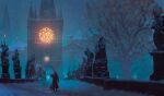  1other anato_finnstark bleeding blood bloodborne blue_theme castle coat commentary english_commentary from_behind hat highres scenery snow statue tower tree walking 
