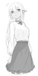  1girl :o arms_at_sides bangs cropped_legs earrings eyebrows_visible_through_hair frilled_skirt frills greyscale hair_between_eyes jewelry long_hair long_sleeves looking_at_viewer monochrome open_mouth original pointy_ears saiste shirt simple_background skirt solo white_background 