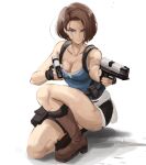  1girl blue_eyes breasts brown_hair cleavage fingerless_gloves gloves gun handgun highres holding jill_valentine large_breasts looking_at_viewer rakeemspoon resident_evil resident_evil_3 short_hair simple_background skirt solo underwear weapon 