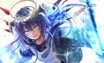 1girl arknights bangs blue_eyes blue_hair blue_light eyebrows_behind_hair gloves hair_between_eyes halo highres horns jacket light long_hair looking_at_viewer mostima_(arknights) nuu_(liebe_sk) open_mouth shirt simple_background smile solo upper_body white_background 