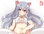  1girl alternate_costume animal_ears artist_logo bangs bell blue_eyes blush bottomless bra cat_cutout cat_ears cat_lingerie cat_tail cleavage_cutout clothing_cutout commentary_request covered_nipples dated dot_nose eyebrows_visible_through_hair frilled_bra frills hair_between_eyes i-203_(kancolle) jingle_bell kanon_(kurogane_knights) kantai_collection light_blue_hair long_hair looking_at_viewer lying meme_attire navel neck_bell no_panties one-hour_drawing_challenge out-of-frame_censoring solo spread_legs tail thighhighs underwear white_bra white_legwear 