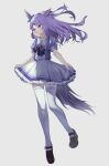  1girl absurdres animal_ears bangs blue_bow bow closed_mouth emushake floating_hair full_body hair_bow head_tilt highres horse_ears horse_tail horseshoe light light_blush long_hair looking_at_viewer mary_janes mejiro_mcqueen_(umamusume) pleated_skirt purple_bow purple_eyes purple_hair sailor_collar school_uniform shadow shoes short_sleeves simple_background skirt skirt_hold solo standing tail thighhighs tracen_school_uniform umamusume white_background white_legwear white_sailor_collar white_skirt zettai_ryouiki 