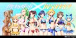  &gt;_&lt; 6+girls artist_name bikini blonde_hair blue_eyes blue_hair breasts brown_hair crossed_arms dark-skinned_female dark_skin drinking_straw front-tie_bikini front-tie_top green_eyes green_hair highres iori_(smc) joanna_(smc) large_breasts lillian_(smc) medium_breasts mila_(smc) multiple_girls navel ning_(smc) purple_eyes r.e.d_(smc) red_eyes riko_(smc) sin6 small_breasts super_mecha_champions swimsuit vita_(smc) 