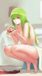  1girl bangs barefoot bed blanket blurry blurry_background c.c. cheese_trail code_geass commentary_request depth_of_field eating expressionless eyebrows_visible_through_hair food full_body green_hair highres holding holding_food indoors legs long_hair looking_at_viewer nude pizza_box pizza_slice revision sawasa signature solo squatting straight_hair very_long_hair yellow_eyes 