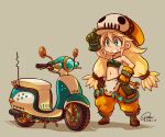  1girl adjusting_clothes adjusting_headwear aqua_eyes baggy_pants blonde_hair boots brown_footwear dated gloves graffiti_smash grin ground_vehicle hat highres jewelry low_twintails midriff motor_vehicle navel necklace pants scooter signature smile solo strapless suparu_(detteiu) tubetop twintails 