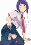  1girl arm_support bangs black_legwear blue_eyes blunt_bangs blush boku_no_hero_academia breasts closed_mouth collared_shirt commentary_request frown highres jirou_kyouka kobaji long_skirt looking_at_viewer medium_breasts necktie pleated_skirt purple_eyes red_neckwear school_uniform shirt short_hair short_sleeves sideways_glance skirt solo thighhighs u.a._school_uniform 