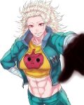  1girl breasts dorohedoro earrings gloves highres jewelry long_hair looking_at_viewer muscular muscular_female noi_(dorohedoro) red_eyes shougosan simple_background smile solo white_hair 