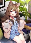 1girl :d animal_ears breasts brown_hair cardigan chair cup dog_ears giving highres hot_chocolate indie_virtual_youtuber indoors iriam kawachi_rin long_hair long_sleeves looking_at_viewer medium_breasts mug open_cardigan open_clothes open_mouth pajamas plant potted_plant purple_eyes sitting smile takajou_mayo virtual_youtuber 