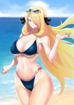  1girl absurdres anagumasan bikini blonde_hair blue_eyes breasts cleavage commentary cynthia_(pokemon) hair_ornament hair_over_one_eye highres large_breasts long_hair looking_at_viewer navel pokemon pokemon_(game) pokemon_dppt simple_background smile solo swimsuit very_long_hair 