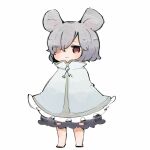  1girl animal_ears black_dress capelet chibi commentary_request dress film_grain full_body grey_hair highres jewelry kurotaro mouse_ears nazrin pendant red_eyes short_hair simple_background solo standing touhou white_background 