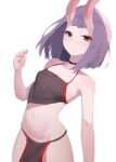  1girl absurdres bangs black_fundoshi blush bob_cut breasts chinese_clothes choker dudou eyeliner fate/grand_order fate_(series) gadeung_hye highres horns looking_at_viewer makeup navel oni oni_horns pelvic_curtain purple_eyes purple_hair short_hair shuten_douji_(fate) simple_background skin-covered_horns small_breasts solo 