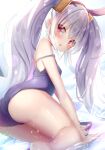  1girl :o animal_ears ass azur_lane bangs bare_arms bare_shoulders blue_swimsuit blush bunny_ears commentary eyebrows_visible_through_hair grey_hair hair_between_eyes hairband highres hose kneeling laffey_(azur_lane) long_hair looking_at_viewer looking_back natuna_natu one-piece_swimsuit parted_lips red_eyes red_hairband school_swimsuit solo strap_slip swimsuit twintails very_long_hair water 