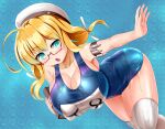  1girl blonde_hair blue_background blue_eyes blue_swimsuit breasts covered_nipples glasses hat honda_takaharu huge_breasts i-8_(kancolle) kantai_collection large_breasts low_twintails medium_hair name_tag one-piece_swimsuit peaked_cap sailor_hat school_swimsuit semi-rimless_eyewear swimsuit thighhighs twintails wet wet_clothes wet_swimsuit white_legwear 