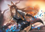  1girl animal_ears arknights ass bangs belt black_legwear breasts brown_gloves brown_hair butt_crack elbow_gloves fox_ears fox_girl fox_tail franka_(arknights) gloves hair_between_eyes holding holding_sword holding_weapon kuhnowushi long_hair looking_at_viewer orange_eyes panties scabbard sheath shirt skirt solo sword tail tearing_clothes thighhighs torn_clothes underwear weapon 
