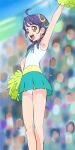  1girl :d ahoge arm_up armpits brown_eyes cheerleader green_skirt hand_on_hip haruyama_kazunori open_mouth panties pom_poms precure purple_hair short_hair skirt smile solo suzumura_sango tropical-rouge!_precure underwear white_panties 