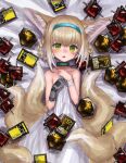  1girl absurdres animal_ears arknights blonde_hair blue_hairband blush braid commentary fox_ears fox_girl fox_tail gloves green_eyes hairband headhunting_permit_(arknights) highres infection_monitor_(arknights) kitsune kyuubi looking_at_viewer multiple_tails naked_sheet open_mouth originium_(arknights) orundum_(arknights) short_hair single_glove solo suzuran_(arknights) tail wristband yotokei 