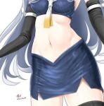  1girl bikini bikini_skirt black_gloves black_legwear blue_bikini blue_skirt breasts commentary_request cowboy_shot crop_top dated elbow_gloves gloves groin i-203_(kancolle) kantai_collection light_blue_hair long_hair medium_breasts midriff navel navel_focus neckerchief out_of_frame sailor_collar signature simple_background skirt solo standing swimsuit thighhighs tk8d32 white_background white_neckwear white_sailor_collar zettai_ryouiki 
