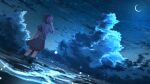  1girl abisswalker8 absurdres blue_sky cloud cloudy_sky commentary crescent_moon floating_hair hand_up highres huge_filesize moon night night_sky ocean original outdoors scenery shirt short_hair skirt sky solo standing star_(sky) starry_sky wading water waves 