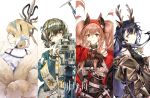  4girls angelina_(arknights) angelina_(distinguished_visitor)_(arknights) animal_ears arknights awakeningdog black_collar black_gloves black_hair black_shirt black_shorts black_sweater blonde_hair blue_hairband braid brown_hair brown_jacket collar commentary copyright_name deer_antlers deer_ears deer_girl drone earpiece floating_hair flower fox_ears fox_girl fox_tail from_behind gloves green_jacket hairband highres holding holding_staff infection_monitor_(arknights) jacket jewelry kitsune kyuubi lily_of_the_valley looking_at_viewer looking_back magallan_(arknights) magallan_(shaved-ice_memories)_(arknights) multicolored_hair multiple_girls multiple_tails necklace off_shoulder official_alternate_costume open_clothes open_jacket red_eyes red_hairband red_jacket ribbed_sweater shirt short_hair shorts simple_background sleeveless_sweater staff streaked_hair suzuran_(arknights) sweater tail tsukinogi_(arknights) twintails upper_body white_background white_gloves white_hair yellow_eyes 