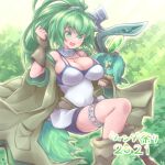  1girl 2021 breasts brown_robe cleavage covered_navel duel_monster eyebrows_visible_through_hair forest green_eyes green_hair large_breasts looking_at_another nature nisemono_faker open_mouth ponytail solo winda_priestess_of_gusto yu-gi-oh! 