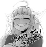  1girl ahoge bangs blunt_bangs bow braid brooch closed_eyes collared_shirt commentary diagonal-striped_bow dragon_girl dragon_horns english_commentary english_text eyebrows_visible_through_hair facing_viewer greyscale grin hairband highres hololive horn_bow horns jacket jewelry kiryu_coco krekk0v long_hair monochrome pointy_ears portrait shirt side_braid sidelocks simple_background single_braid smile solo striped striped_bow thank_you virtual_youtuber white_background 