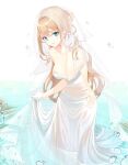  1girl backless_dress backless_outfit bare_shoulders blue_eyes breasts bridal_veil cleavage collarbone dress girls&#039;_frontline gloves light_brown_hair long_hair medium_breasts official_alternate_costume partially_submerged solo suomi_kp31_(girls_frontline) tmtl_aos veil very_long_hair wedding_dress wet wet_clothes wet_dress white_gloves 