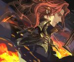  1boy alvis_(fire_emblem) book cape fire fire_emblem fire_emblem:_genealogy_of_the_holy_war long_hair looking_to_the_side nijihayashi red_eyes red_hair signature smirk solo 