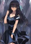  1girl bangs black_dress black_hair blush breasts chain closed_mouth commentary cuffs day dress earrings eyebrows_visible_through_hair grey_eyes hair_between_eyes hand_up highres hinomaru_(futagun) jewelry long_hair looking_at_viewer original outdoors short_sleeves small_breasts solo tree very_long_hair 