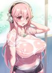  1girl bangs black_shorts blush breasts collarbone covered_nipples fuya_(tempupupu) headphones jewelry large_breasts long_hair looking_at_viewer necklace nitroplus open_mouth pendant pink_hair red_eyes shirt short_sleeves shorts solo super_sonico wet wet_clothes white_shirt 