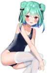  1girl bangs blush collarbone commentary_request double_bun gradient_hair green_hair hair_ornament hair_ribbon hololive k_mugura looking_at_viewer multicolored_hair one-piece_swimsuit open_mouth red_eyes ribbon school_swimsuit short_hair sidelocks simple_background skull_hair_ornament smile solo swimsuit thighhighs uruha_rushia 