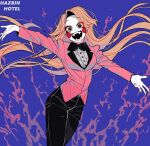  1girl blonde_hair charlie_magne demon_girl floating_hair formal hazbin_hotel highres long_hair looking_at_viewer neg_50asu open_mouth pale_skin suit teeth very_long_hair 