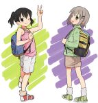  2girls :d ;) arm_up backpack bag bangs bare_arms bare_shoulders black_hair blue_bag blush brown_legwear brown_shorts camisole commentary eyebrows_visible_through_hair full_body green_eyes green_footwear green_jacket grey_hair grey_legwear grin hair_ornament hairclip happy highres holding_strap jacket kuraue_hinata long_sleeves looking_at_viewer looking_back loose_socks meis_(terameisu) multicolored multicolored_background multiple_girls one_eye_closed open_mouth pink_camisole purple_eyes red_footwear shoes short_hair short_twintails shorts smile sneakers standing twintails v white_shorts yama_no_susume yellow_bag yukimura_aoi 