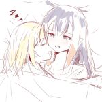  2girls blonde_hair closed_eyes commentary desutruction drooling english_commentary fang highres hololive hololive_english light_blush lying multiple_girls ninomae_ina&#039;nis on_back on_side open_mouth parted_lips pointy_ears purple_hair sleeping tentacle_hair virtual_youtuber watson_amelia yuri zzz 