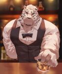  1boy absurdres alternate_costume animal_ears arknights bara bartender black_vest bow bowtie cup furry guoguo highres large_pectorals looking_at_viewer male_focus mountain_(arknights) muscular muscular_male pectorals scar scar_across_eye shirt short_hair smile solo tiger_boy tiger_ears upper_body vest white_fur white_hair white_shirt 