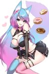  1girl animal_ears asymmetrical_legwear blue_hair breasts doughnut fang food gradient_hair large_breasts long_hair multicolored_hair open_mouth pink_hair silvervale skindentation smile solo tail thighhighs uhhgaoh virtual_youtuber vshojo 
